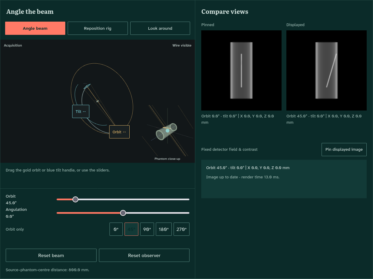 3D Explore showing the beam, wire and detector beside a pinned 0-degree image and a displayed 45-degree image.